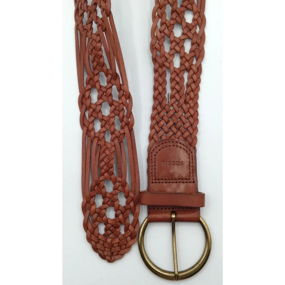 Fossil Belt Wn S Brown Leather Braided Woven Brass Buckle Boho Hippie Western